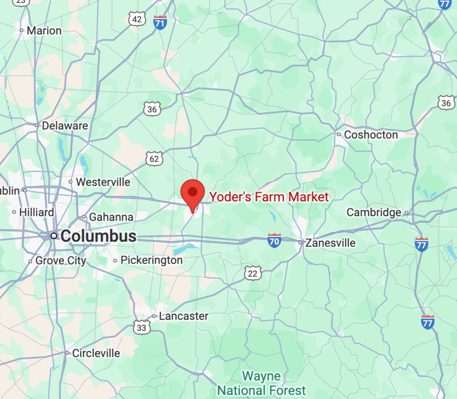 A map with a red pin at the location of Yoder's Farm Market